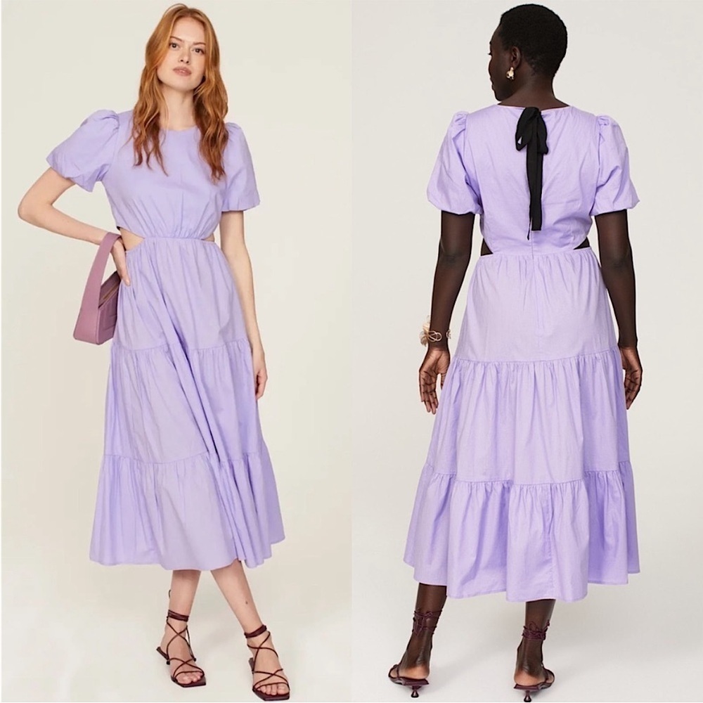 PETER SOM Lilac Puffed Short Sleeve Cutout Tie Back Tiered Ruffle‎ Midi Dress 6
